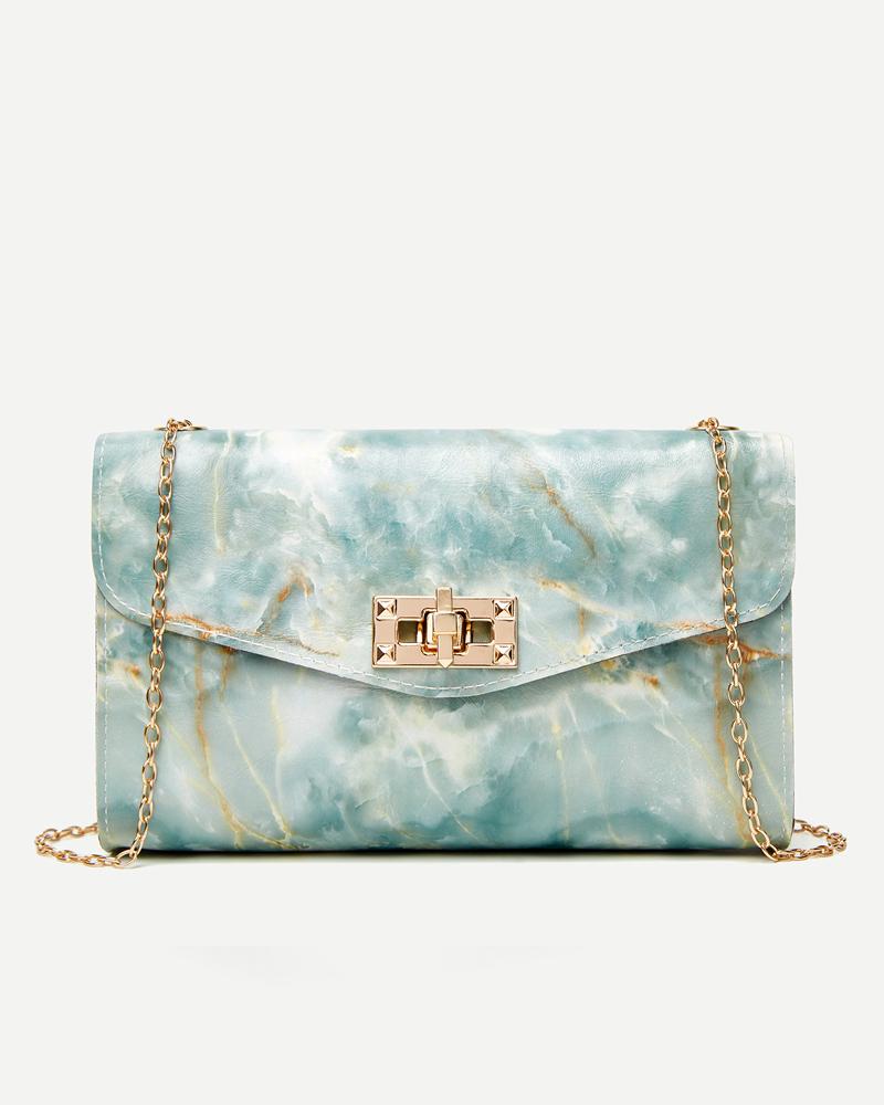 

Marble Print Chain Strap Twist Lock Flap Shoulder Bag, Green