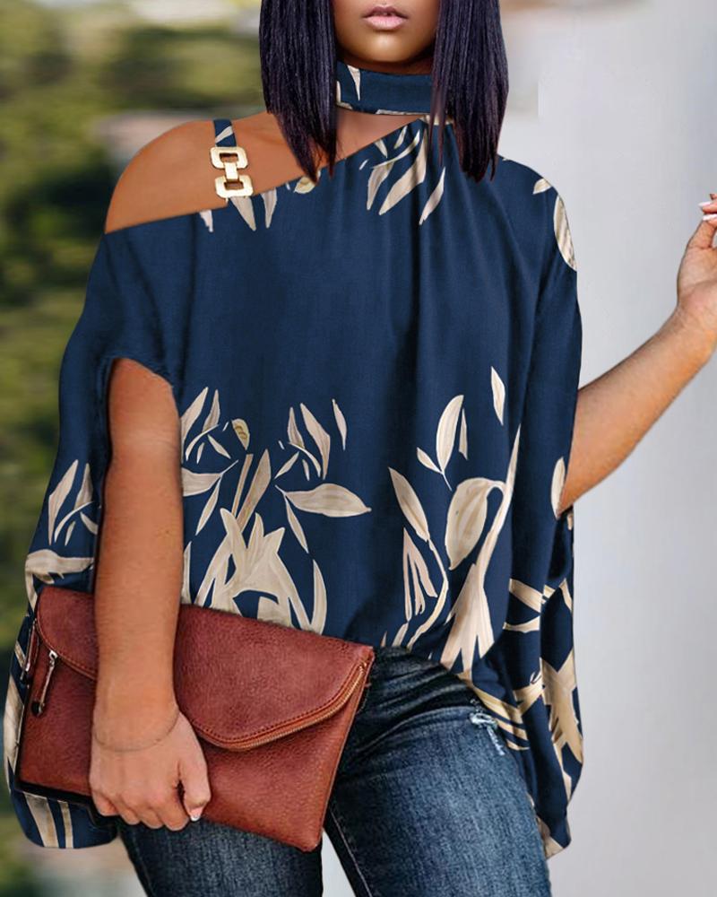 

Plus Size Plants Print Chain Decor Cold Shoulder Top, Blue