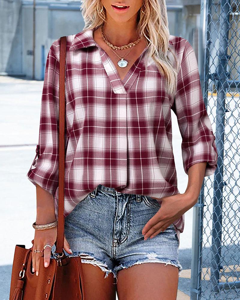 

Plaid Print Roll Up Sleeve Top, Wine red