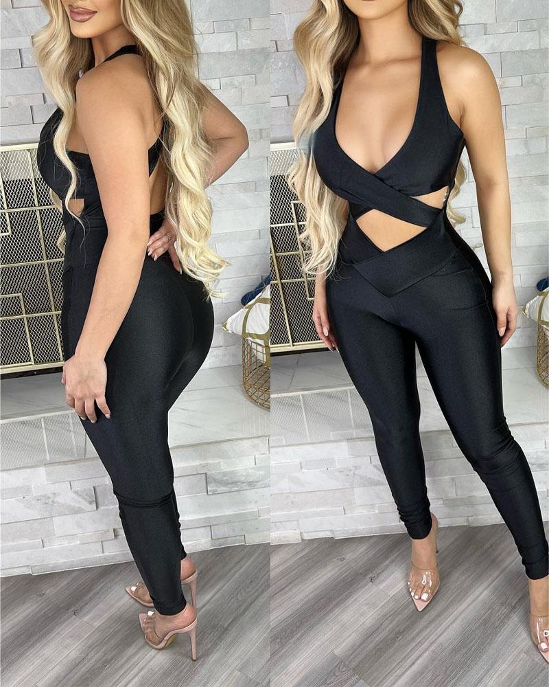 

Crisscross Backless Cutout Skinny Jumpsuit, Black