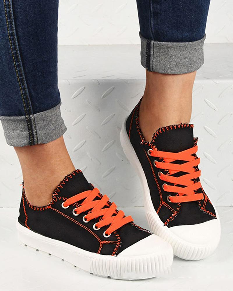 

Womens Contrast Color Laces Round Toe Canvas Casual Shoes, Orange