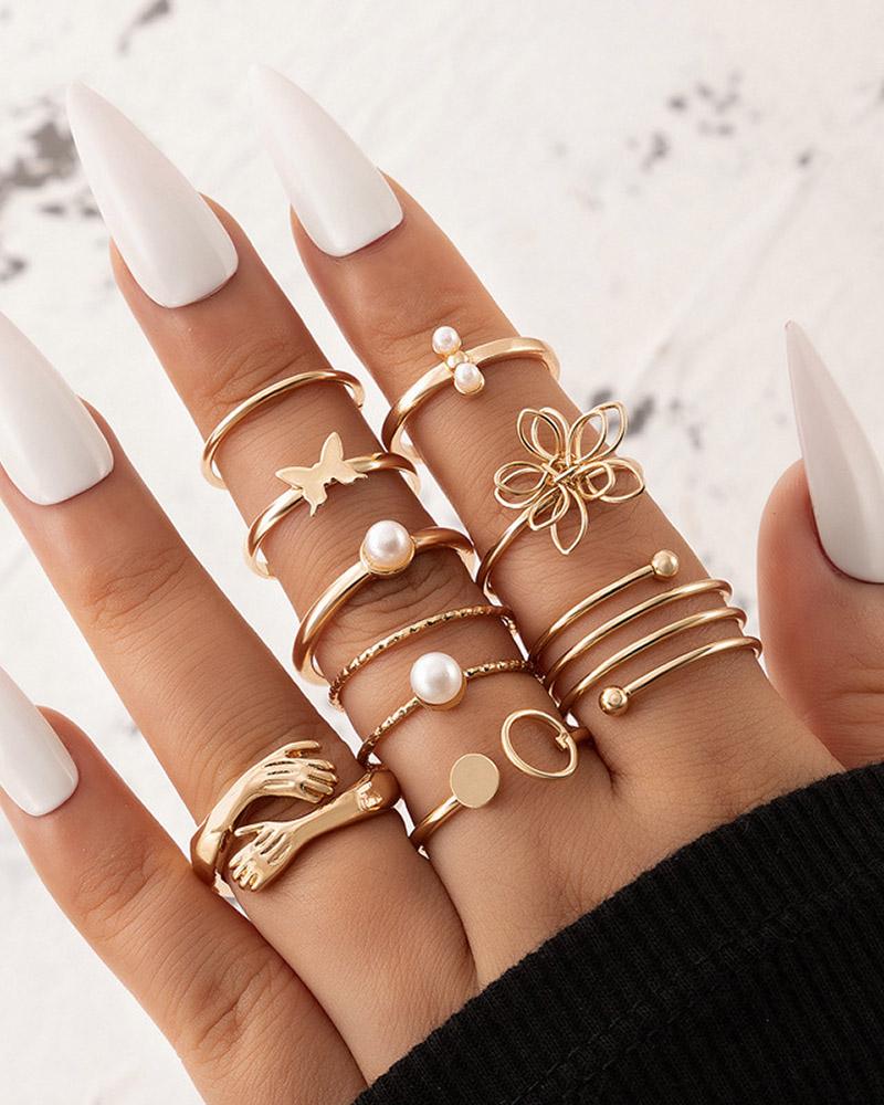 

8pcs Butterfly Floral Figure Shaped Pearls Decor Rings Set, Gold