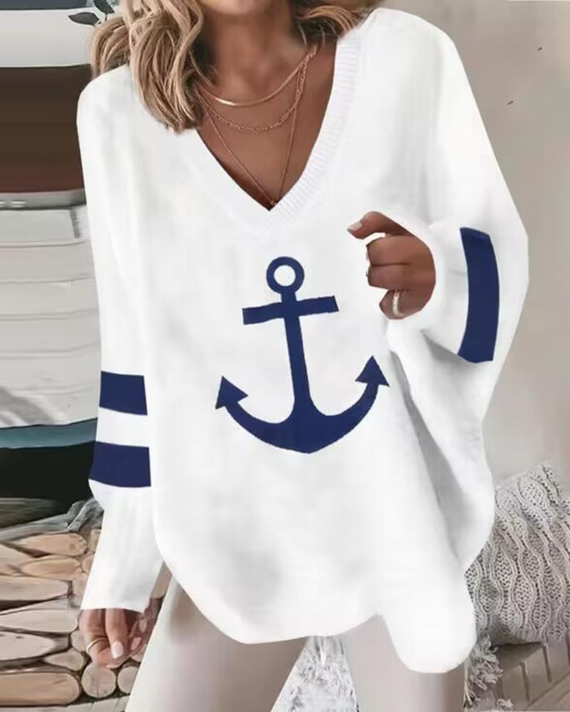 

Anchor Print Striped V-Neck Top, White