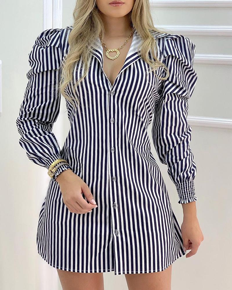 

Striped Button Design Puffed Sleeve Shirt Dress, Blue