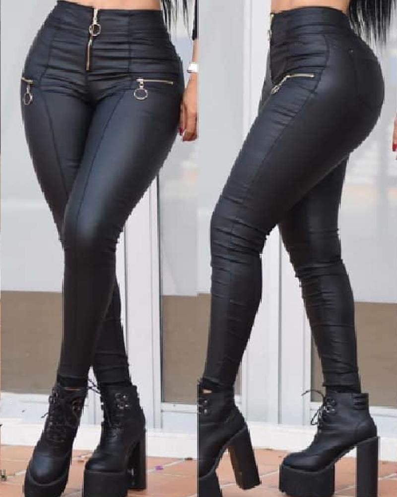 

PU Leather Zipper Skinny Pants, Black