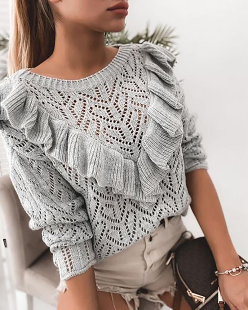 

Hollow Out Ruffles Knit Casual Sweater, Gray