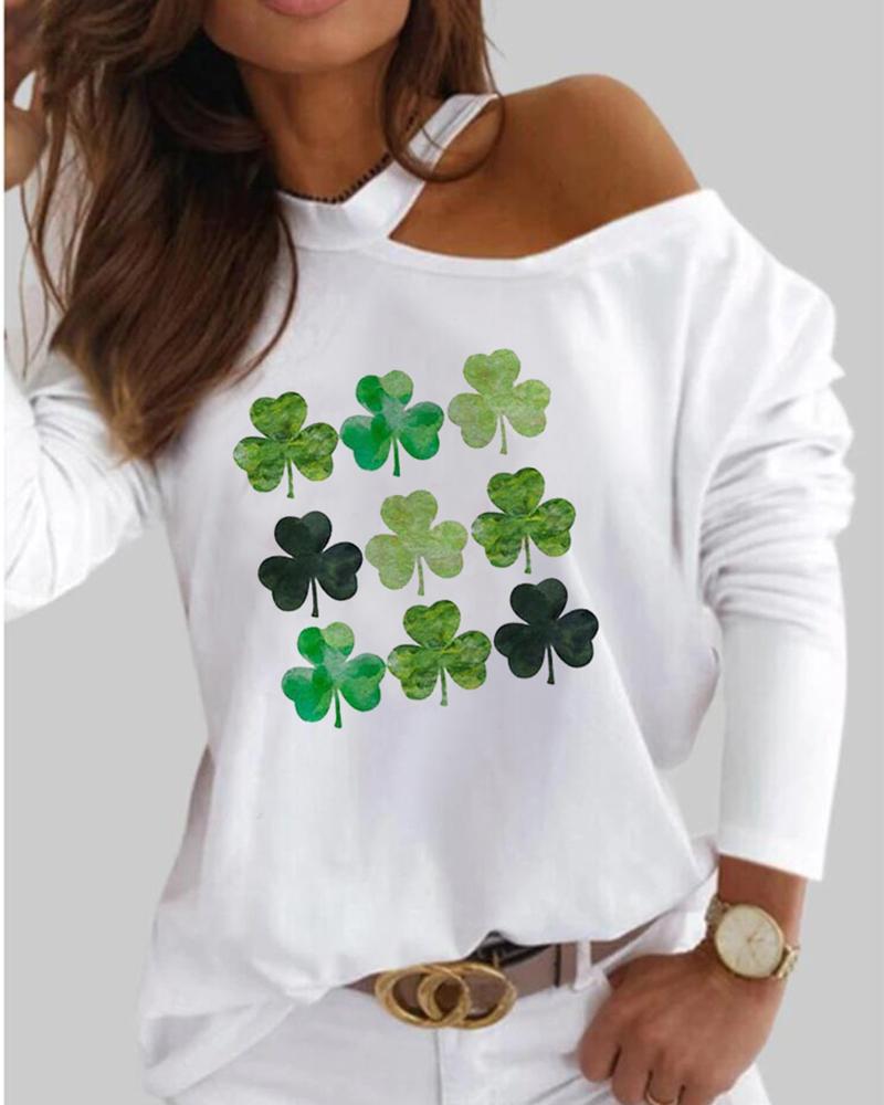 

St. Patrick's Day Clover Print Cold Shoulder Top, White