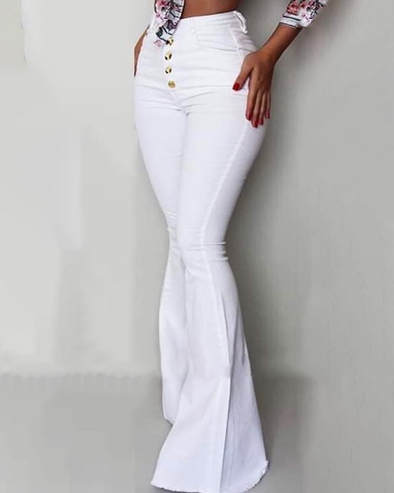 

High Waist Buttoned Bell-Bottom Pants, White