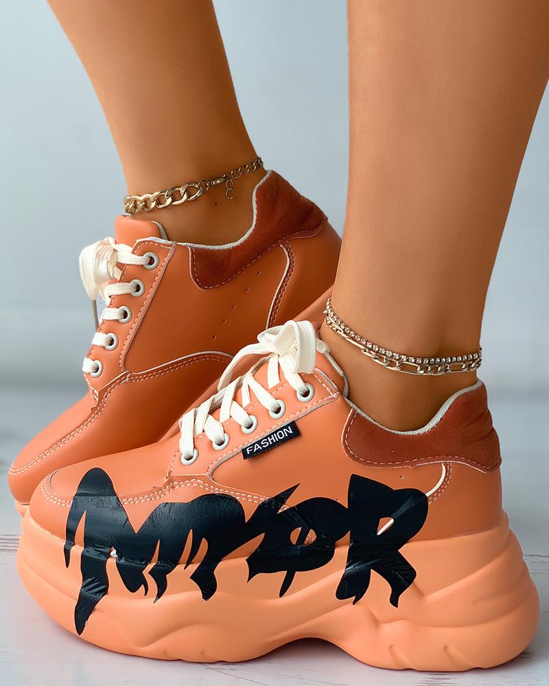 

Letter Print Lace-up Front Muffin Sneakers, Orange
