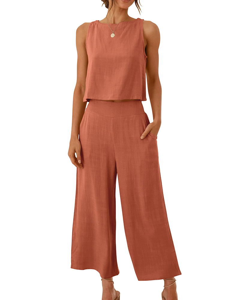 

Round Neck Top & Pocket Design Wide Leg Pants Set, Red