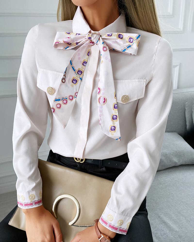 

Scarf Print Tie Neck Long Sleeve Shirt, Apricot