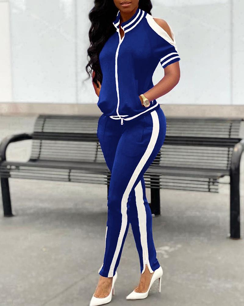 

Striped Colorblock Cold Shoulder Zip Top & Pants Set, Blue