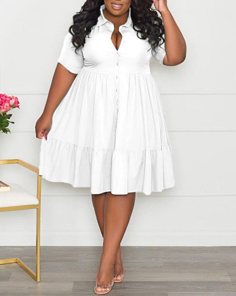 

Plus Size Ruffle Hem Button Front Flowy Shirt Dress, White