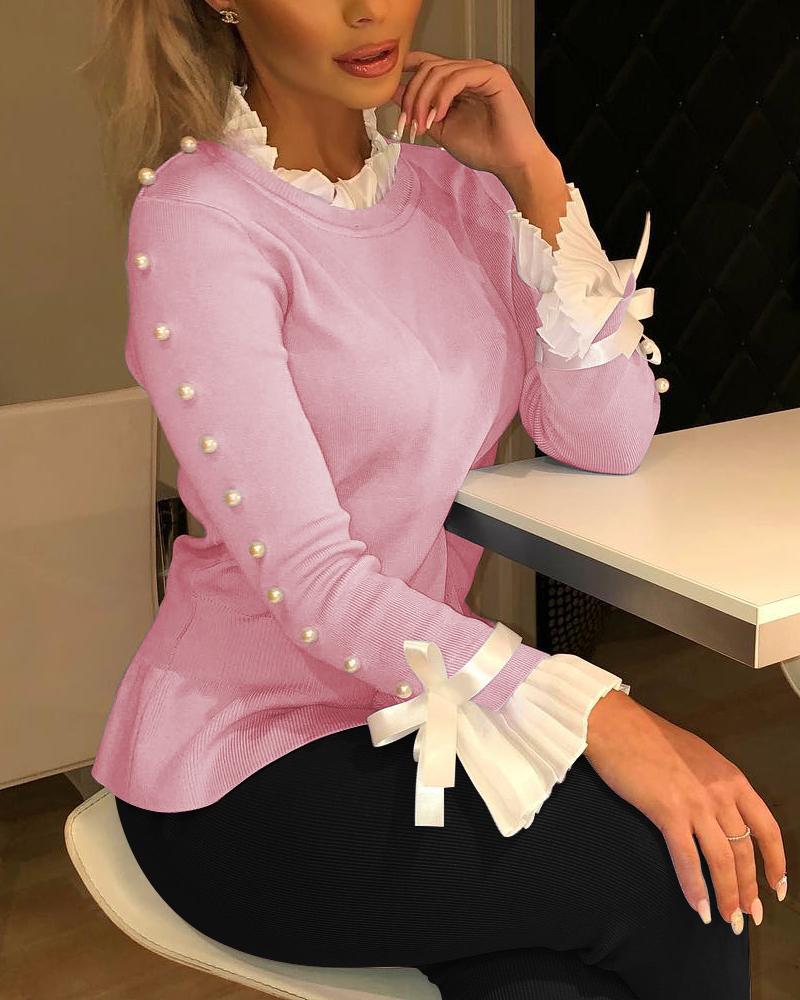 

Bowknot Decor Beaded Frill Hem Bell Sleeve Top, Pink