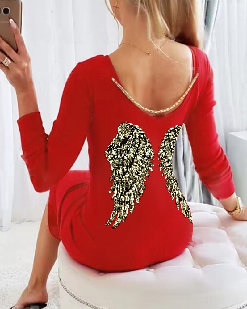 

Contrast Sequin Angel Wings Pattern Bodycon Dress, Red