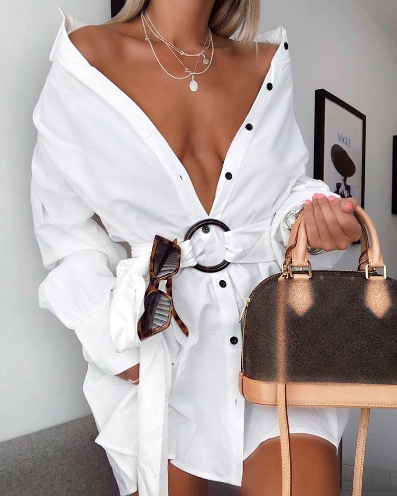 

Long Sleeve Buttoned Shirt Dress, White