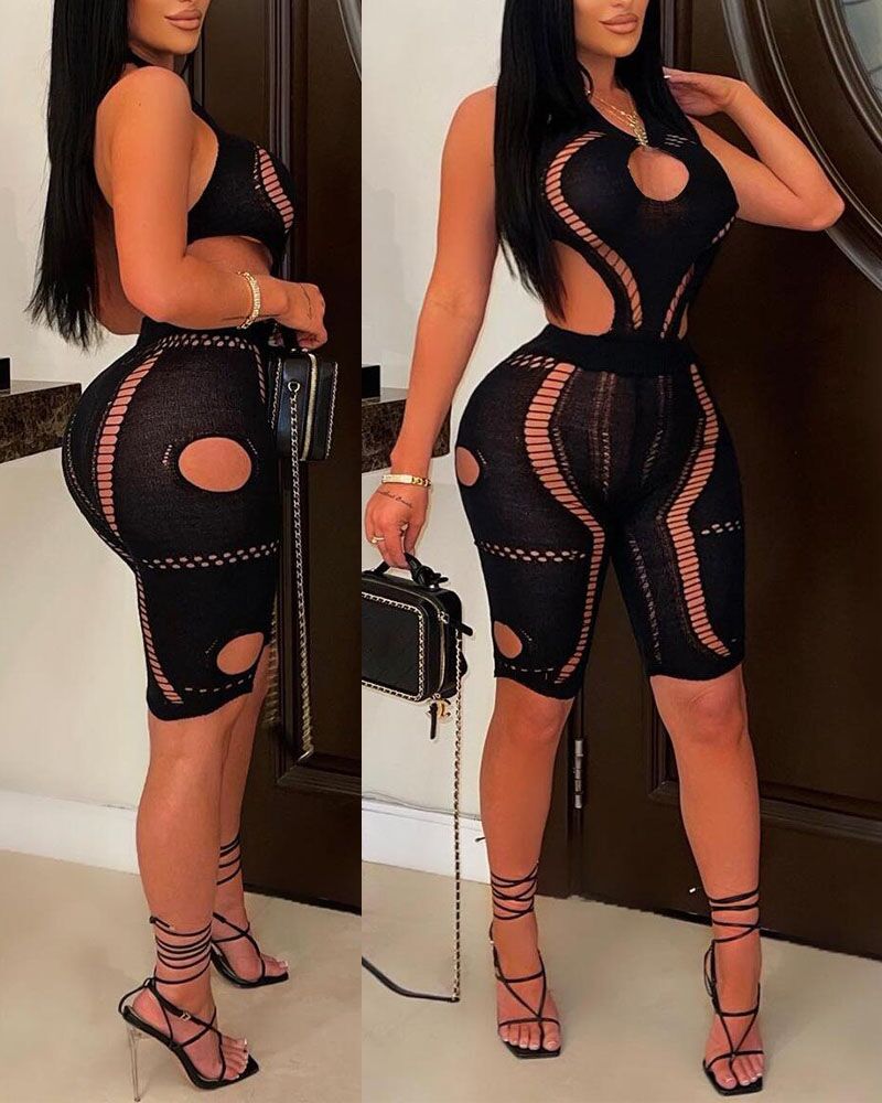 

Halter Backless Cutout Skinny Romper, Black