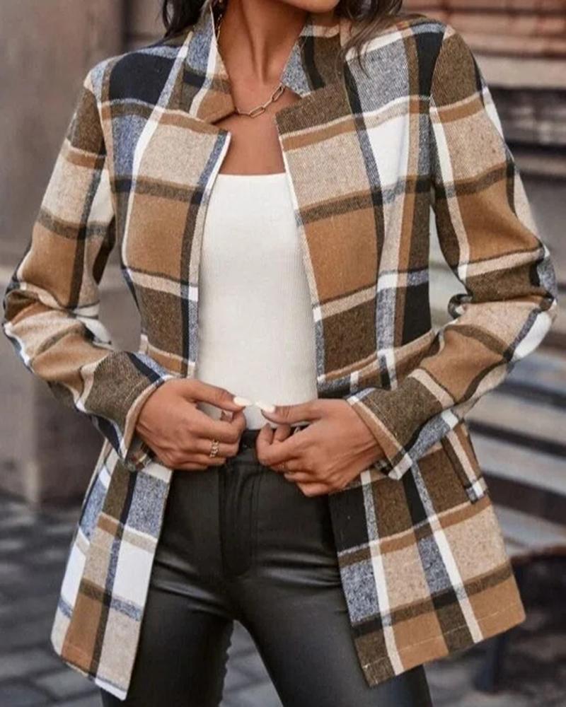 

Plaid Print Long Sleeve Shacket, Brown