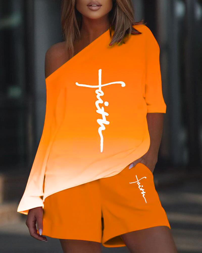 

Letter Print Ombre Casual Top & Shorts Set, Orange
