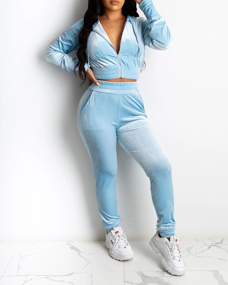 

Solid Hooded Long sleeve Suit Sets, Blue