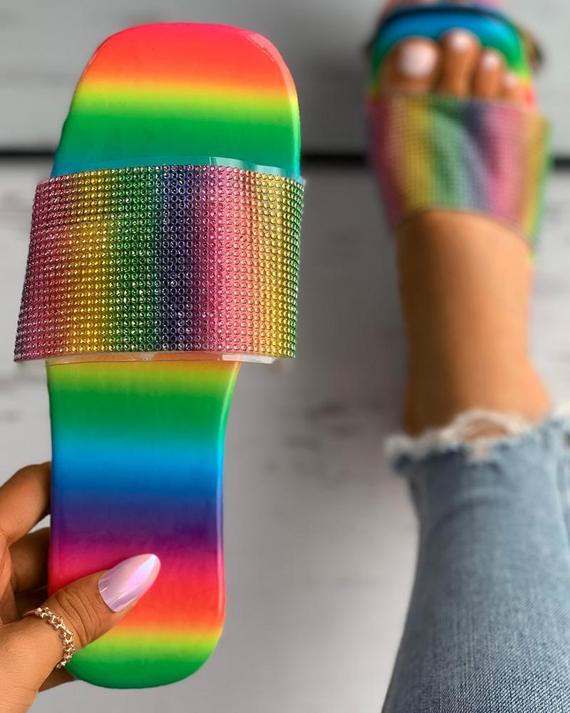 

Rainbow Stripe Rhinestone Square Toe Slipper, Multicolor
