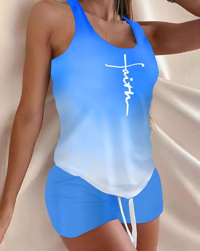 

Faith Print Ombre Drawstring Pajamas Set, Blue