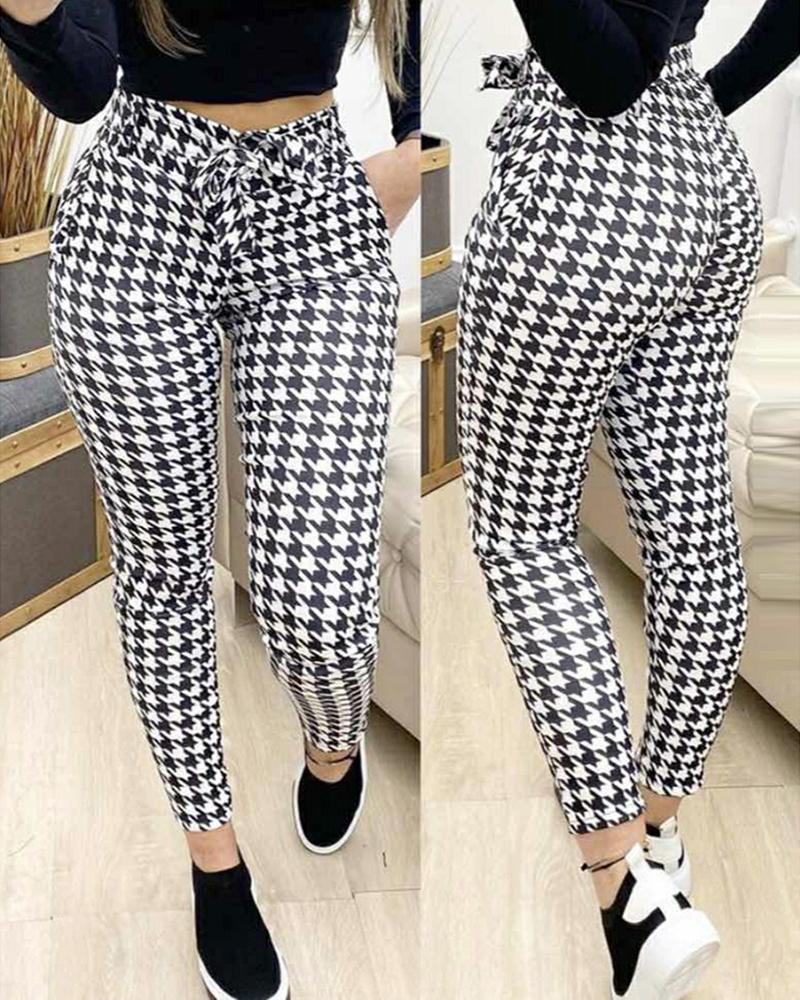 

Houndstooth Tied Detail Pocket Design Casual Pants, Black