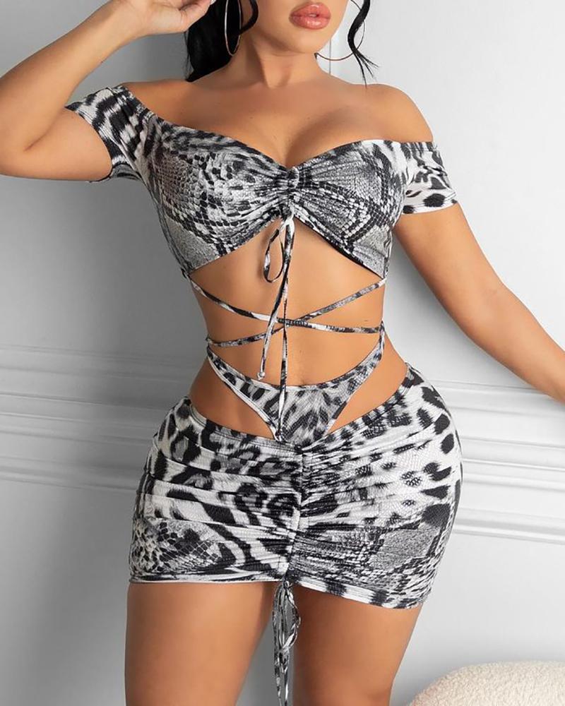 

3PCS Snakeskin Print Drawstring Tied Detail Bikini Set With Cover Up, Gray