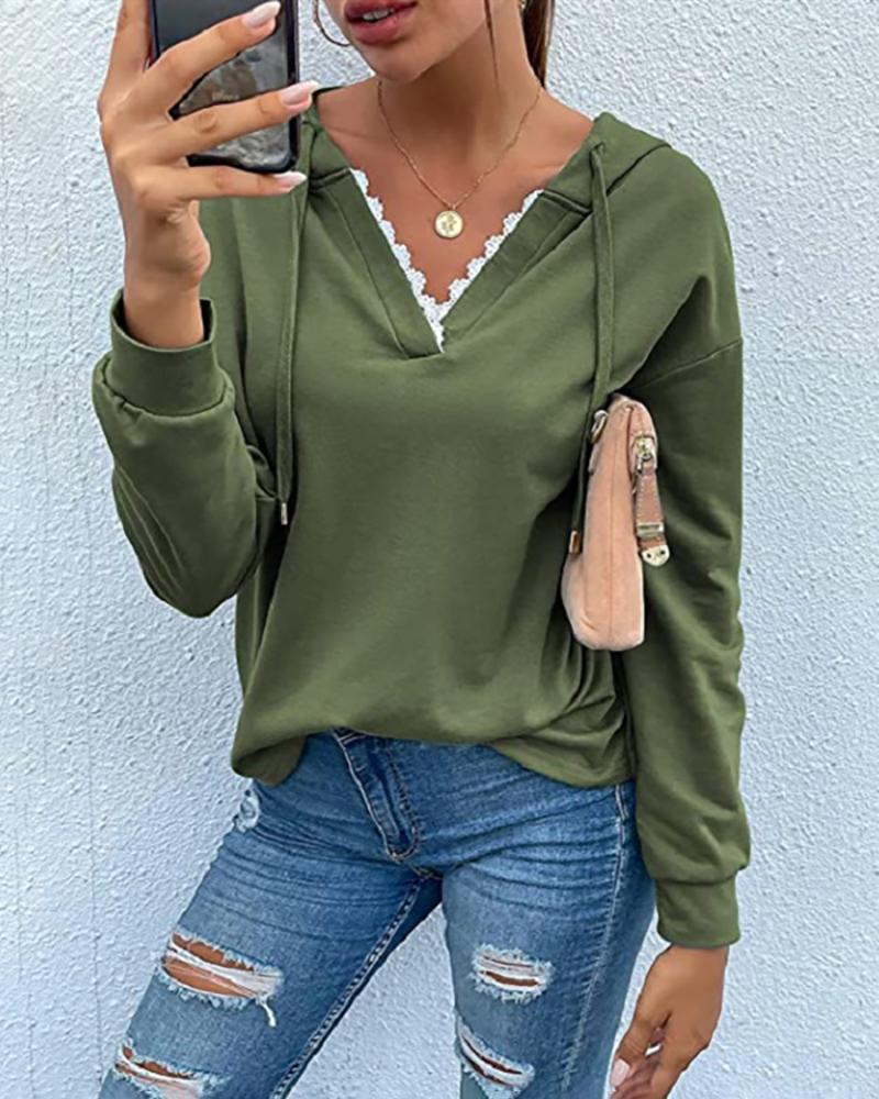 

Long Sleeve Lace Trim Hooded Sweatshirt, Green