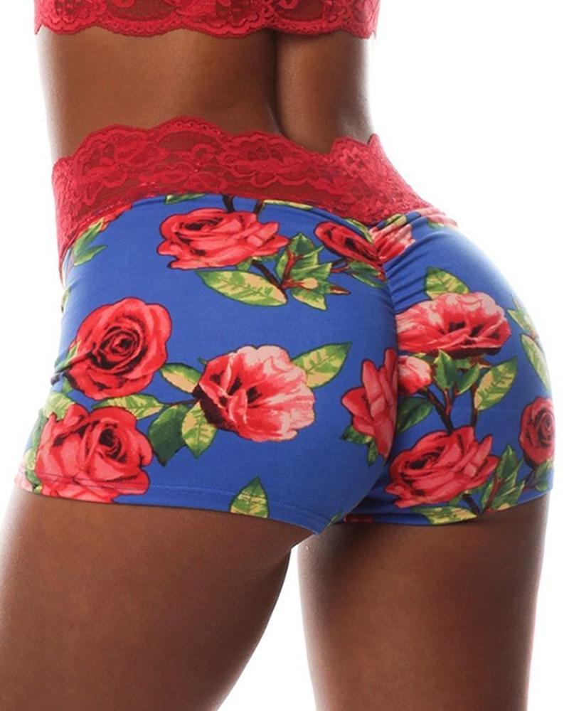 

Contrast Lace Rose Print Ruched High Waist Panty, Blue