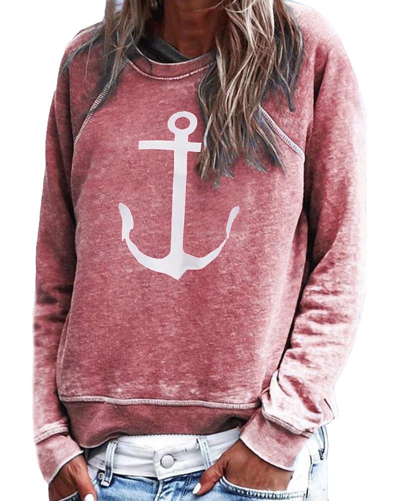 

Boat Anchor Print Long Sleeve Casual Sweatshirt, Red
