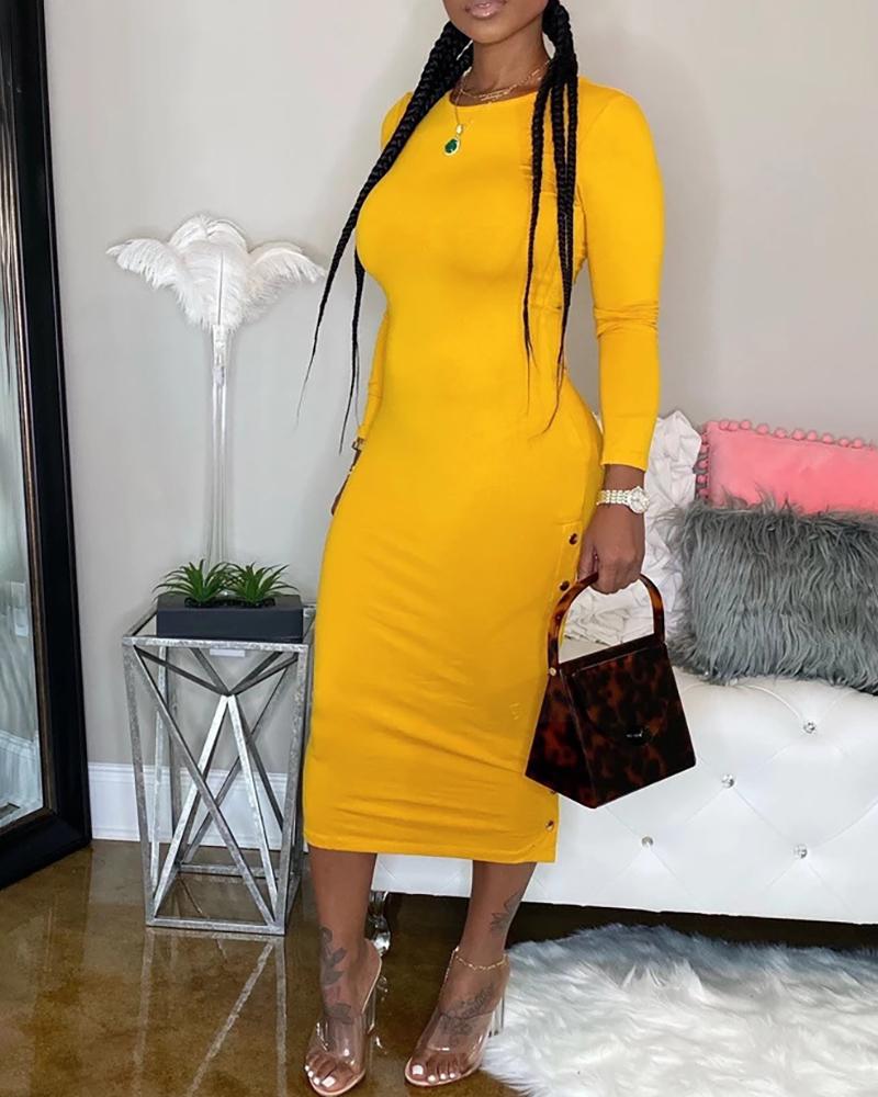 

Solid Long SLeeve Dress, Yellow