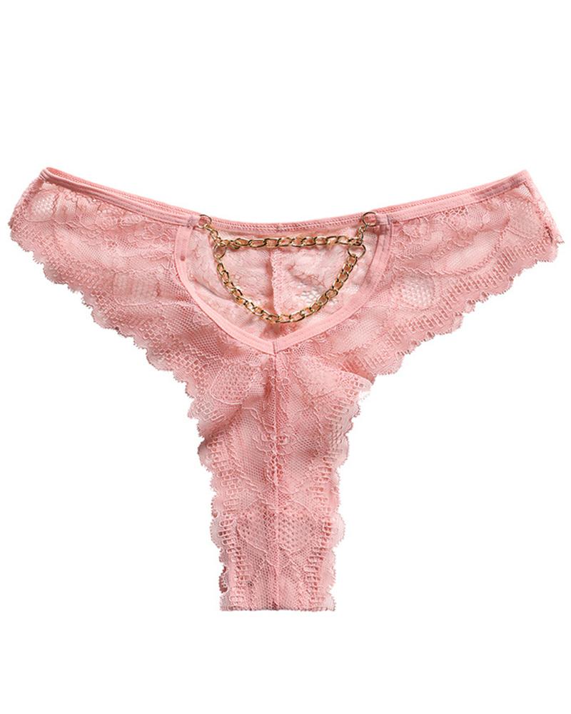 

Chain Decor Crochet Lace Thong Panty, Pink