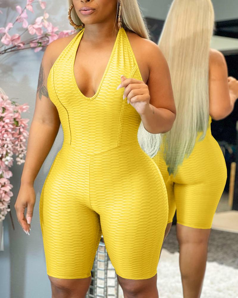 

Textured Halter Backless Active Romper, Yellow