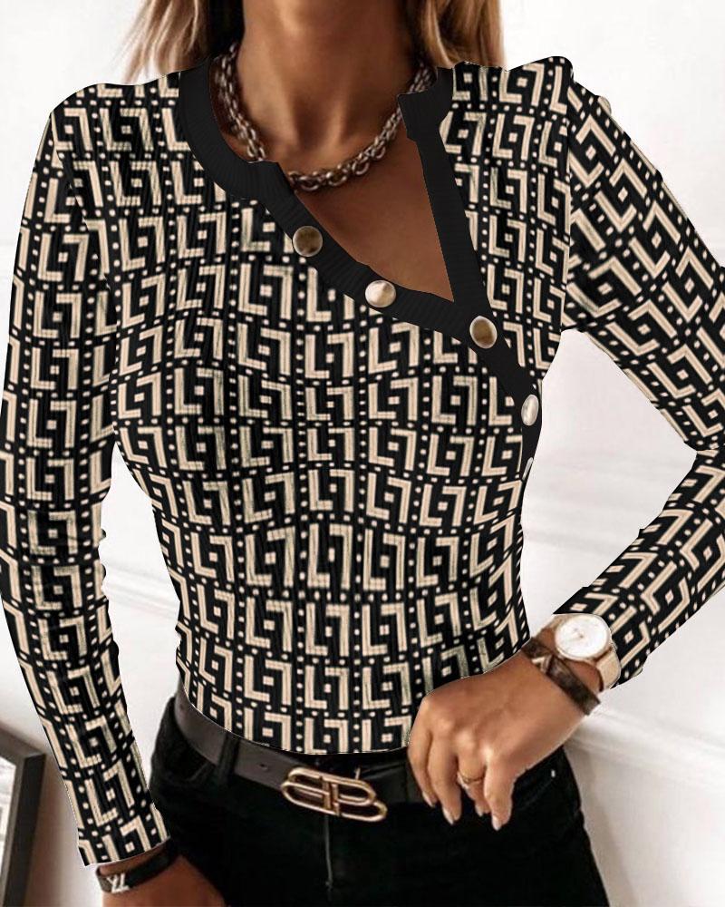

Geo Print Button Decor Long Sleeve Top, Khaki