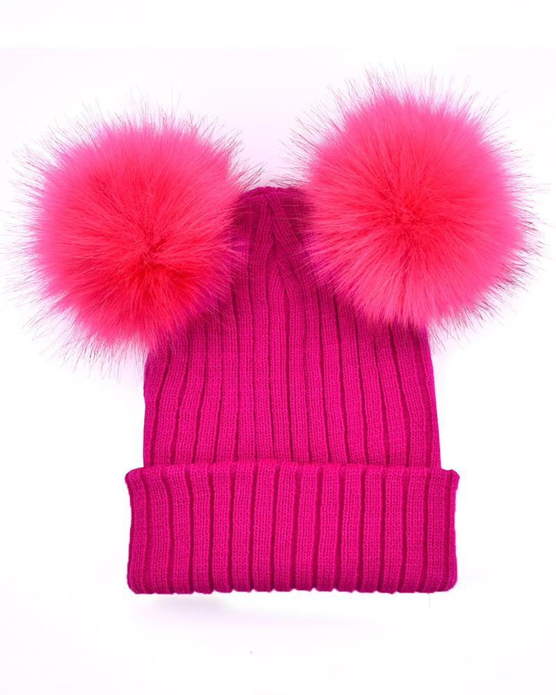 

Double Pom Pom Decor Knit Cuffed Beanie For Adult, Hot pink