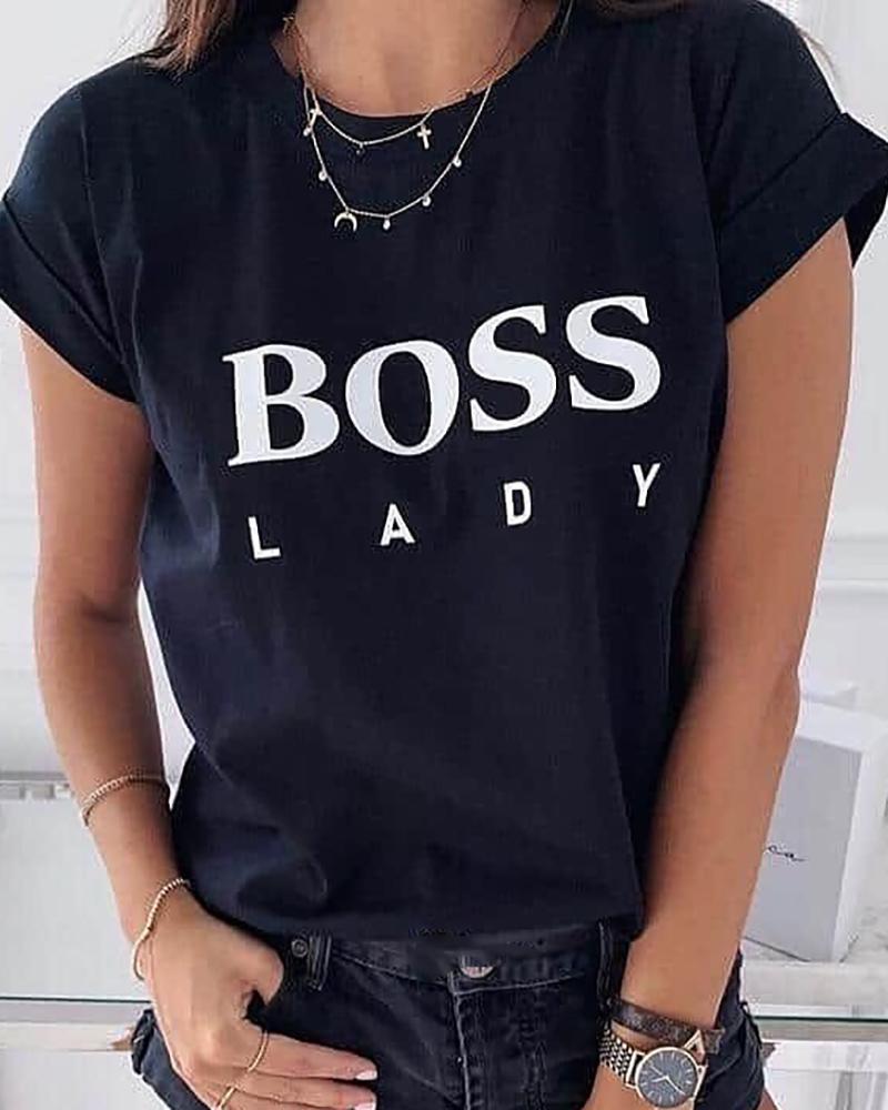 

Letter Print Round Neck T-shirt, Black