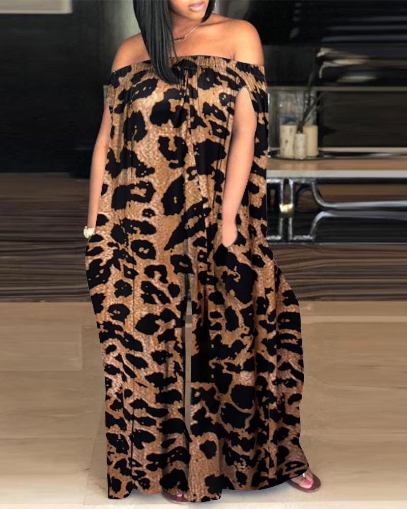 

Plus Size Cheetah Print Off Shoulder Wide Leg Jumpsuit, Leopard