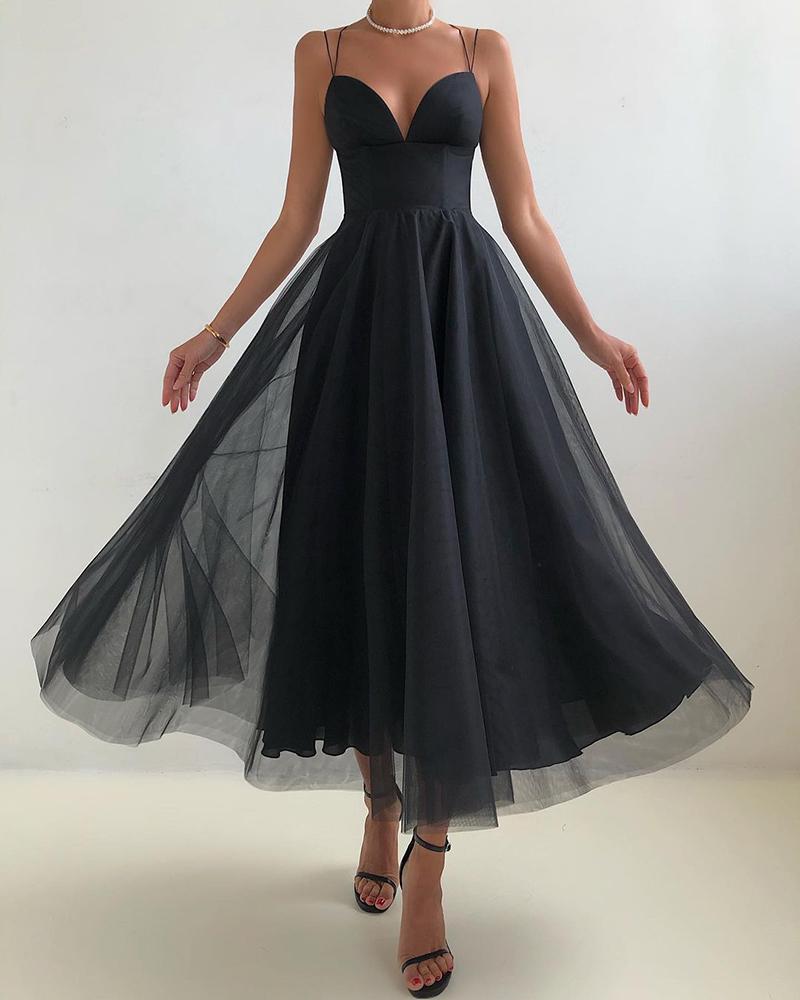 

Double Strap Plunge Backless Mesh Prom Dress, Black
