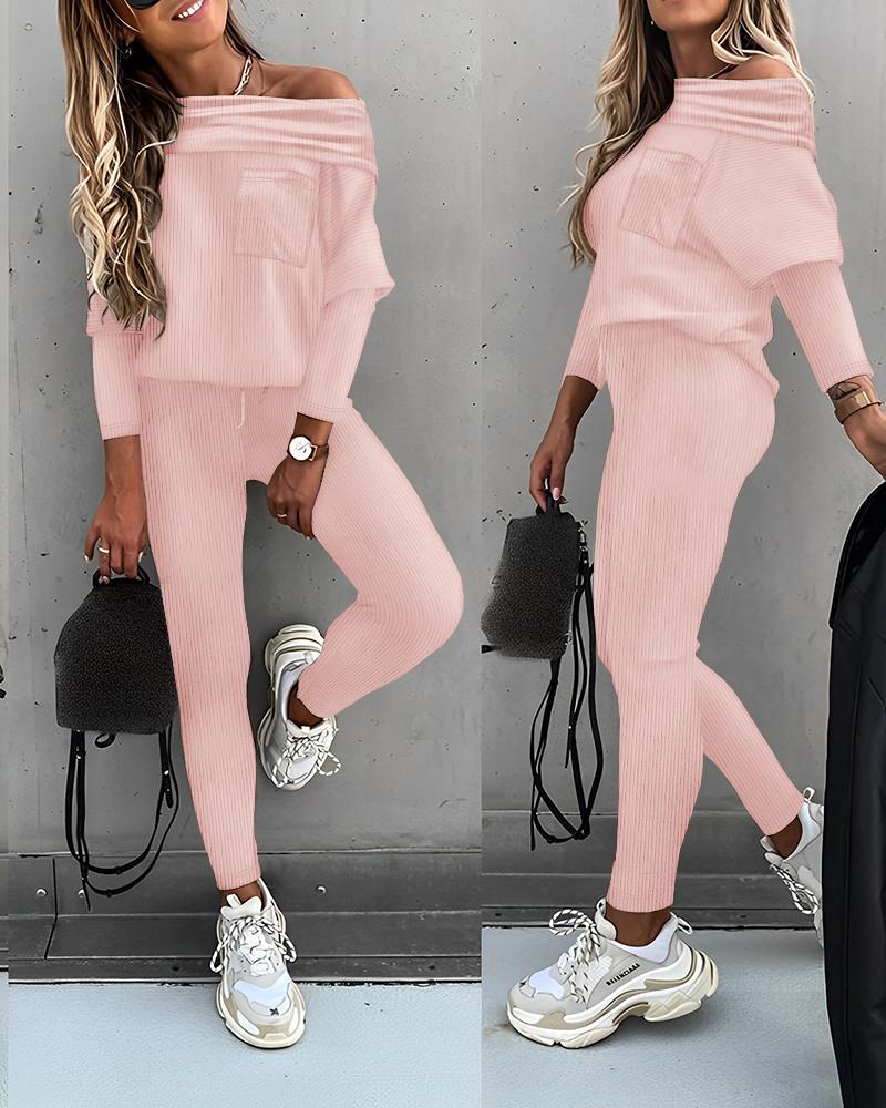 

Off Shoulder Ruched Gigot Sleeve Top & Pants Set, Pink