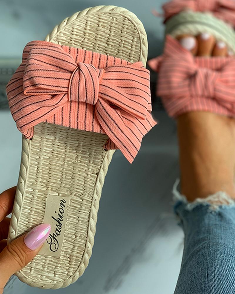 

Striped Bowknot Decor Woven Flax Flat Sandals, Orange