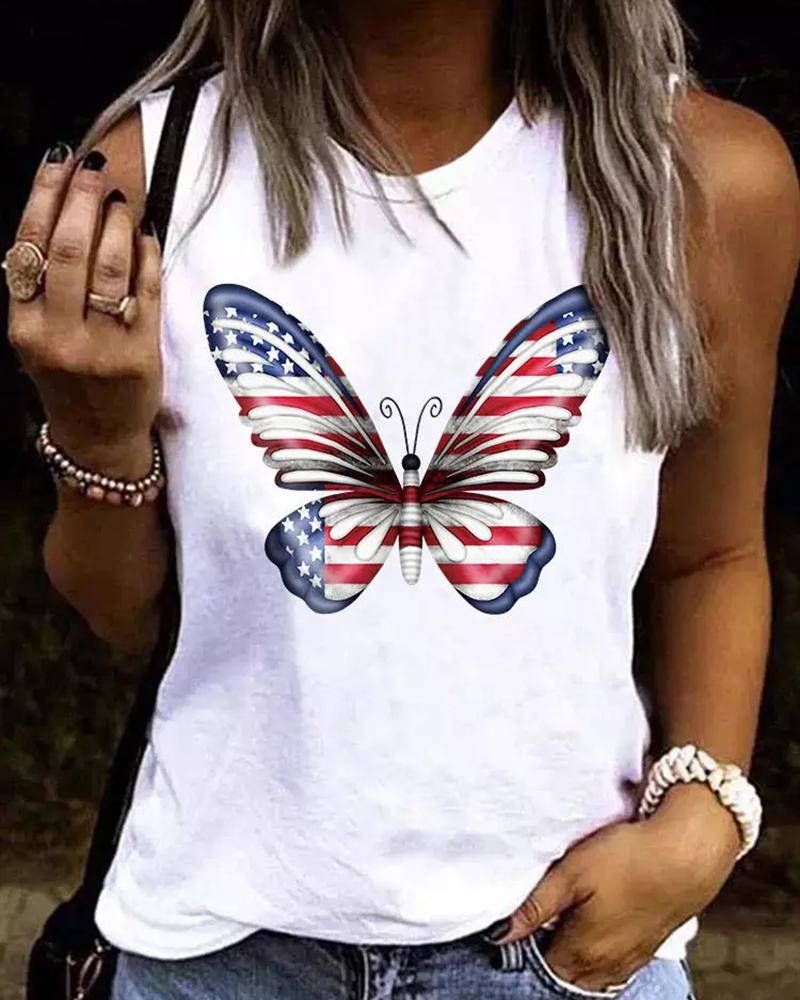 

Independence Day Flag Butterfly Print Tank Top, White