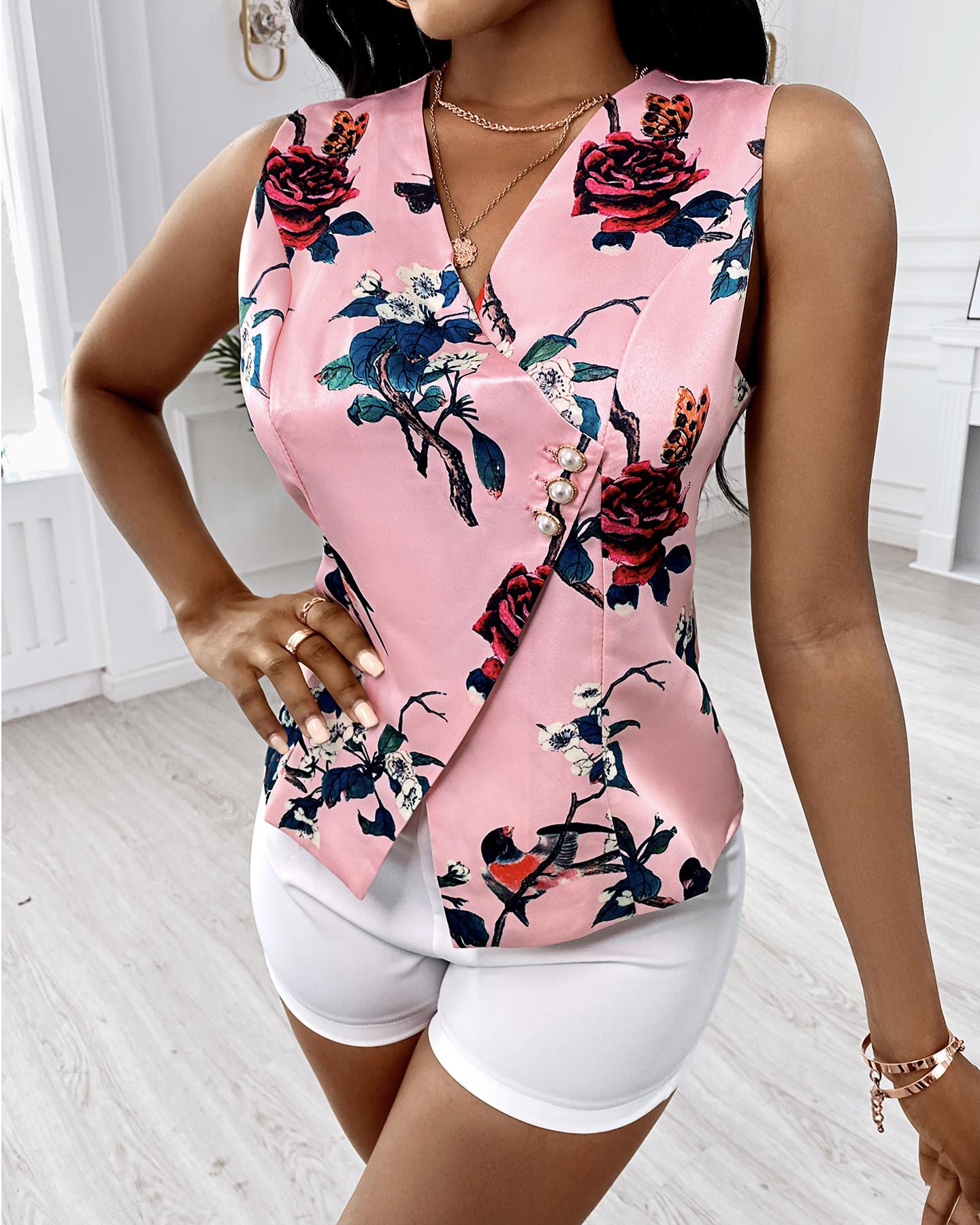

Surplice Neck Floral Print Button Design Top, Pink