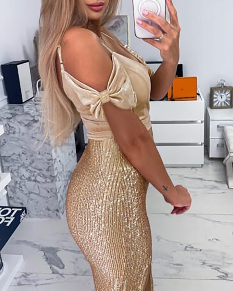 

Bowknot Tassel Decor High Slit Sequin Dress, Apricot