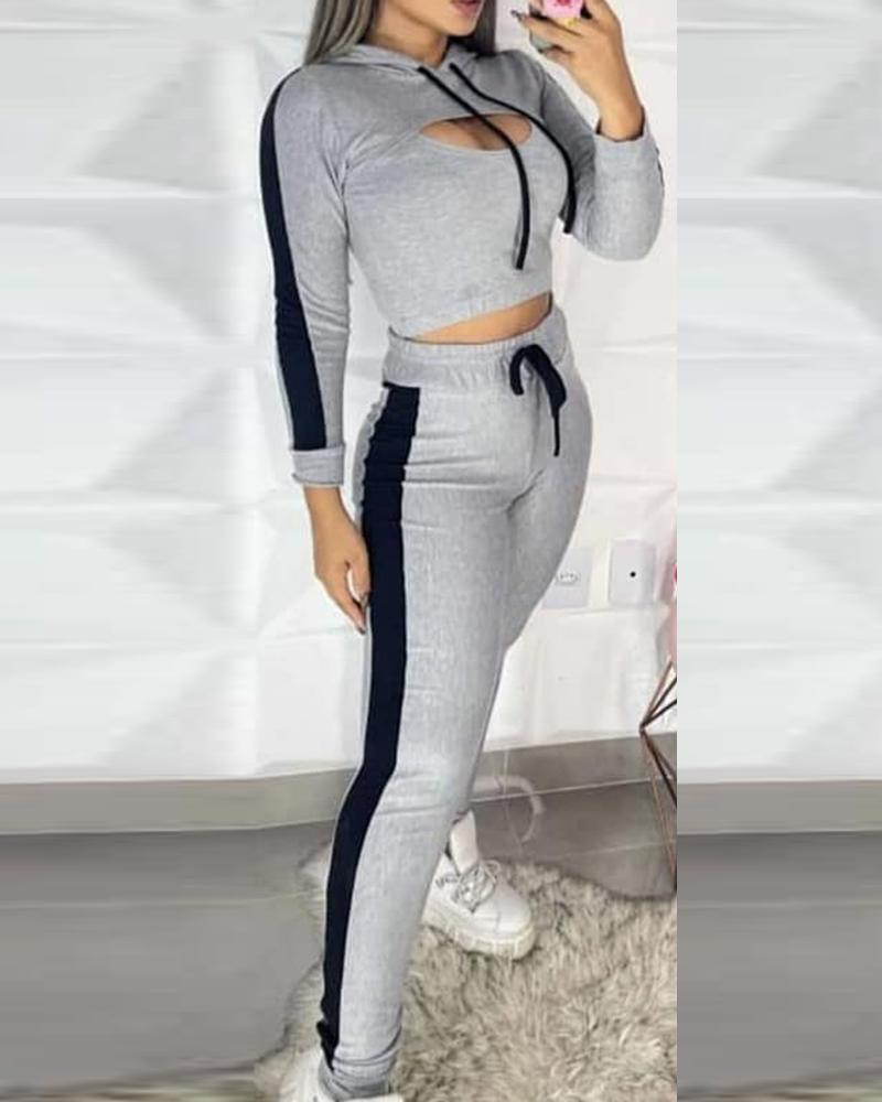 

Colorblock Hooded Cutout Crop Top & Drawstring Pants Set, Gray