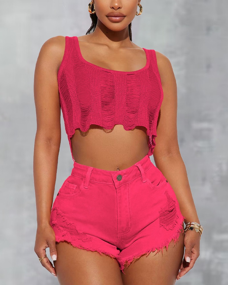 

Ladder Cutout Ripped Denim Shorts, Hot pink