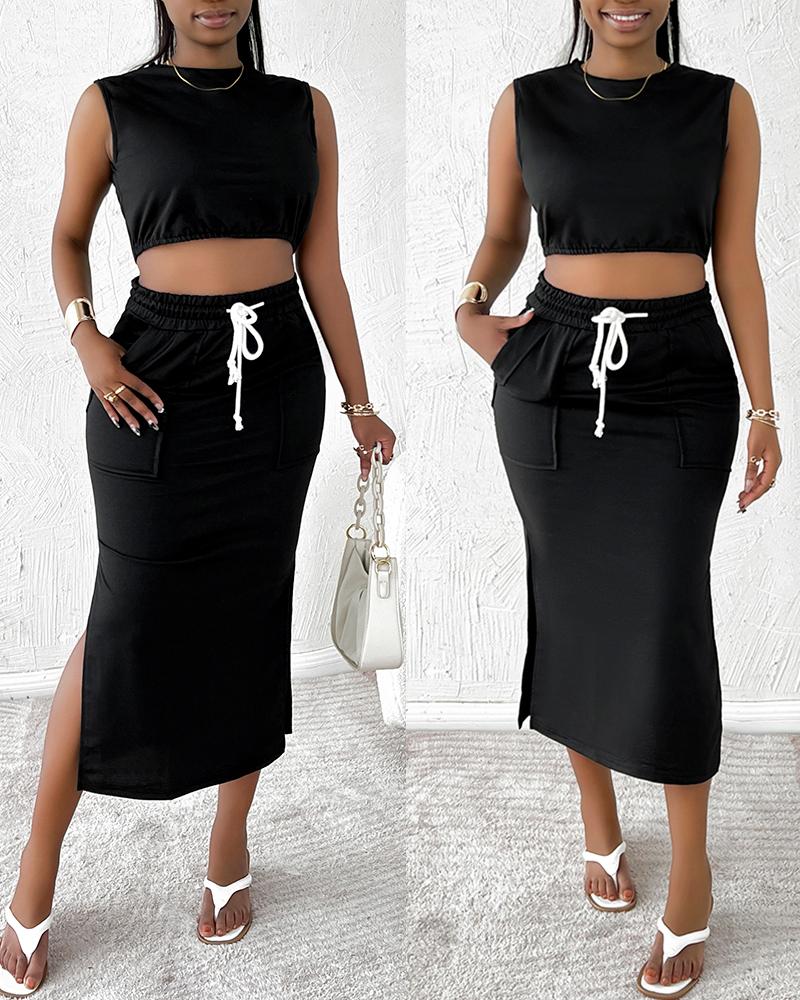

Crop Tank Top & Split Hem Drawstring Skirt Set, Black