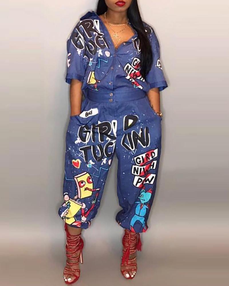 

Cartoon Letter Print Lantern Jumpsuit, Blue