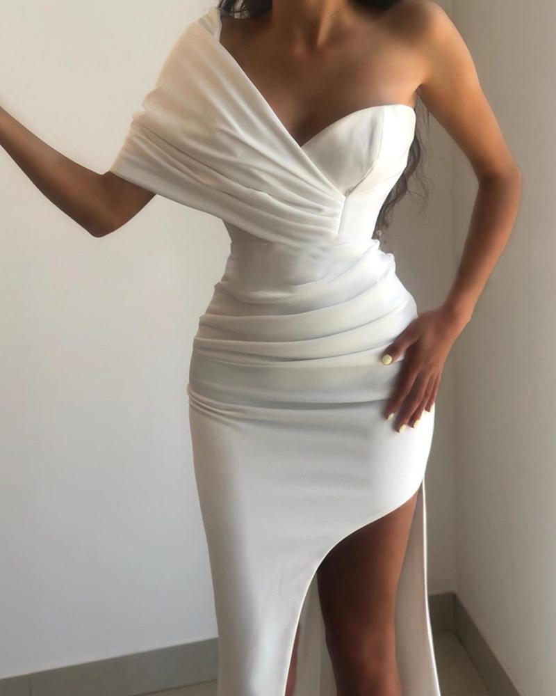

One Shoulder Ruched High Slit Party Dress, White