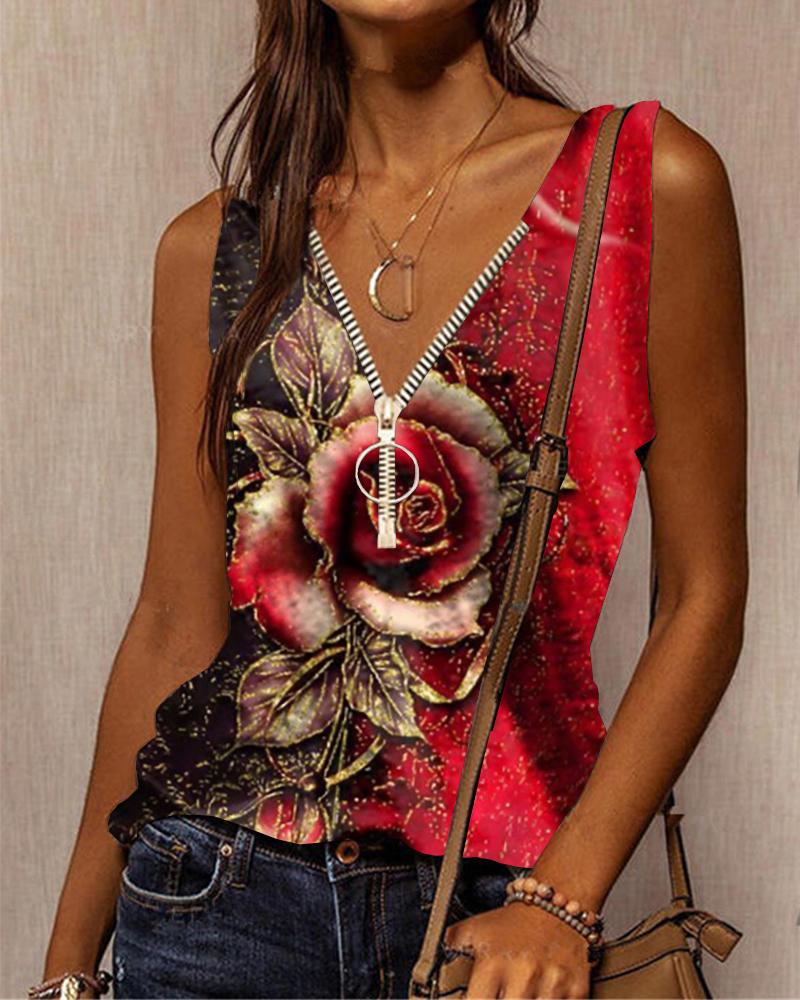 

Floral Print Zipper Design Sleeveless Tank Top, Red